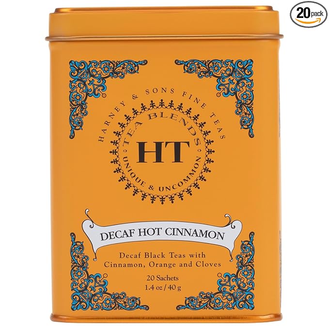 Harney and Sons Decaf Hot Cinnamon , Decaf Flavored Black 20 Sachets per Tin 1.4oz
