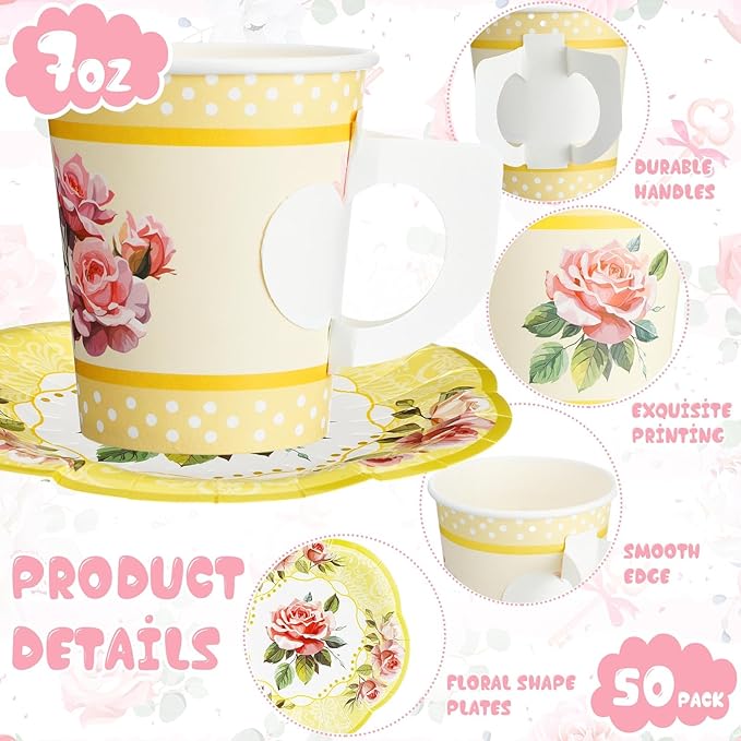 100 Pcs Tea Party Decorations Includes 50 7 oz Paper Tea Cups with Handle 50 Vintage Floral Plates Disposable Tea Cups and Saucers for Wedding Spring Party Birthday Hot Cold Drinks(Yellow)