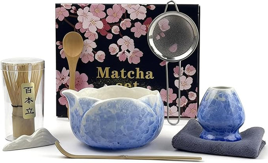 Matcha Set, 8Pcs Crystalline Glaze Ceramic Matcha Kit with Matcha Whisk, Holder, Scoop, Scoop Rest, Sifter, Spoon and Tea Towel - Thoughtful Matcha Whisk Set Gift for Matcha Lovers (Pink)(Blue)