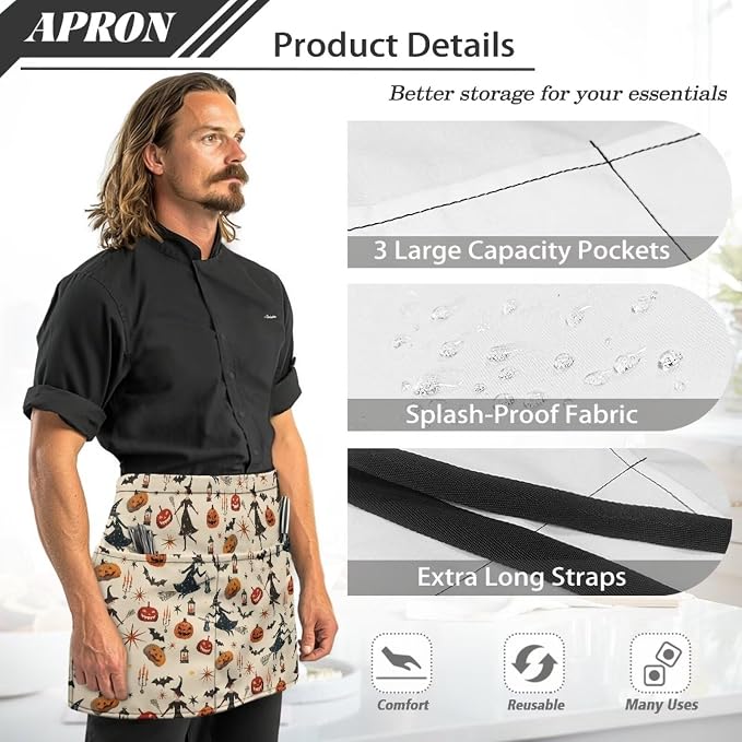 Waist Apron with 3 Pockets Waterproof 13 Inch Short Half Waist Aprons Women Men Server Aprons Waitress Waiter Apron - Image 6