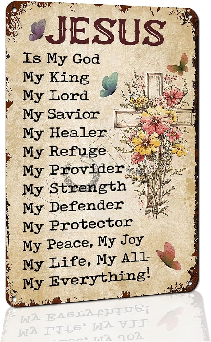 Jesus Cross Wall Art - Christian Metal Tin Sign with Bible Verse, Scripture Wall Decor for Home, Office, Bedroom - Religious Cross Decor, 8x12 Inch by VOTHI