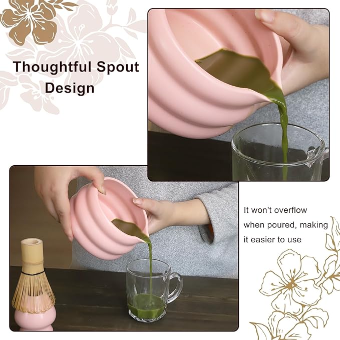 Pink Matcha Whisk Set, Ceramic Matcha Kit Set Gift Present Includes Matcha Bowl, Matcha Whisk and Holder, Bamboo Scoop, Scoop Rest, Sifter and Tea Towel - 7 Pcs Matcha Kit for Matcha Lovers