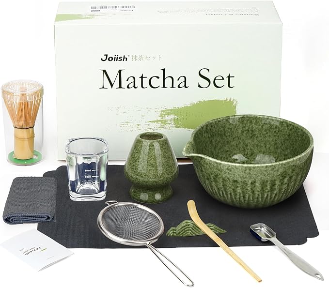 Matcha Whisk Set, 10-Pcs Matcha Kit, Bamboo Whisk and Bowl with Spout & Measuring Spoon & Cup, Japanese Tea Making Tools, Complete Matcha Gift Set for Starter, Mottled Green