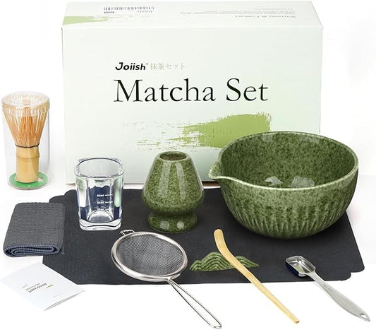 Matcha Whisk Set, 10-Pcs Matcha Kit, Bamboo Whisk and Bowl with Spout & Measuring Spoon & Cup, Japanese Tea Making Tools, Complete Matcha Gift Set for Starter, Mottled Green