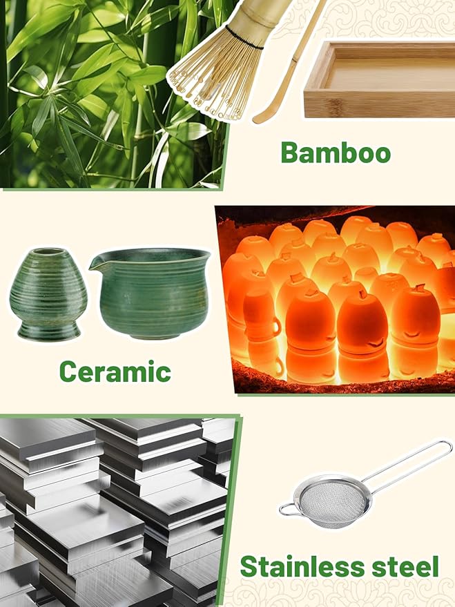 Matcha Whisk Set with Bamboo Tray - Bowl with Spout, Whisk and Holder, Bamboo Scoop, Sifter, Japanese Matcha Kit Tea Ceremony Gift for Women