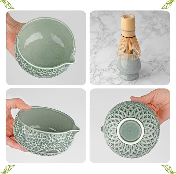 Matcha Whisk Set- Matcha Set includes Matcha Whisk and Bowl, Sifter, Holder and Scoop- The Perfect Bamboo Whisk for Matcha Tea (Blue Flowers)