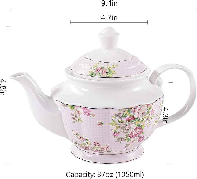 Pink Azalea Porcelain English Teapot, Coffee Pot, Golden Rim, Light Weight, 37 Oz