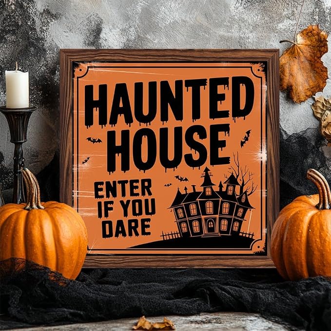 Vintage Halloween Haunted House Enter If You Dare Wooden Sign 7.87x7.87 Inch, Halloween Wall Art Wooden Sign For Porch, Bathroom, Cafe, Bar, Office Hanging Decor - Image 2