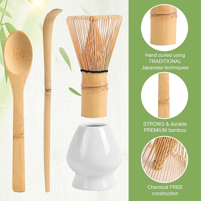 Matcha Whisk Set (4pcs, Bamboo, White)