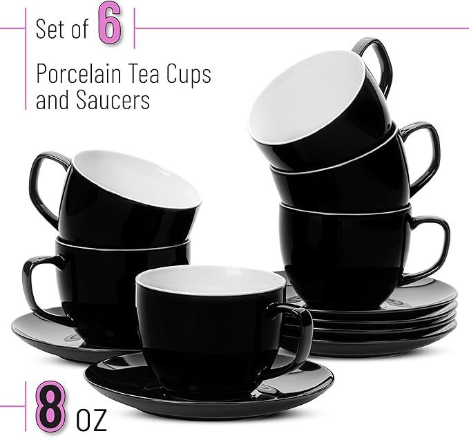 BTaT- Cappuccino Cups with Saucers 8 oz, Set of 6, Black Porcelain Coffee Cup and Saucer Set for Latte, Mocha, Tea, Au Lait, Flat White, Dishwasher, Microwave, Freezer and Oven Safe