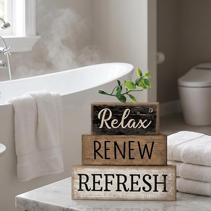 Moucuny 4 Pcs Bathroom Shelf Decor Sign Farmhouse Bathroom Decor and Accessories Rustic Eucalyptus Leaves Block Sign Gift Relax Renew Refresh Farmhouse Table Centerpiece for Home Office Toilet