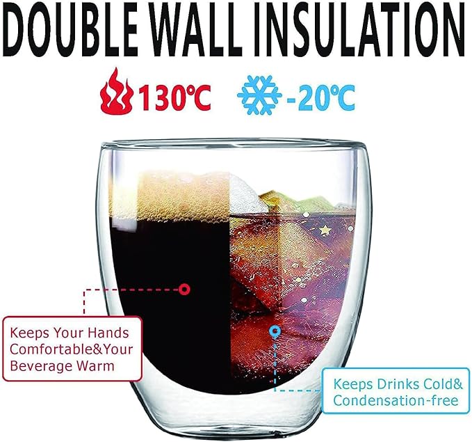 8oz Glass Coffee Mugs Set of 4, Double Walled Espresso Cups for Latte Cappuccino Cocoa Milk Cafe Juice, Clear Glass Tea Cup Set Glassware Gift for Christmas Birthday (8oz-4Pack)