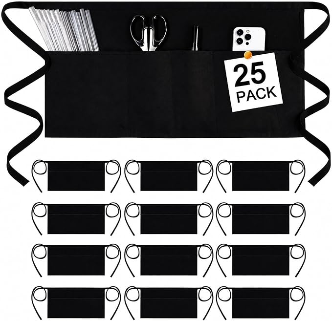 mwellewm 25 Packs Server Apron with 3 Pockets, Black Serving Half Waitress Apron for Women and Men, Widened and Extended Waist Strap Reinforced Seams Water and Stain Resistant for Book Phone by Mwellewm