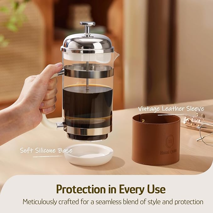 Hazel Quinn French Press Coffee Maker, 450ml / 15oz, Heat-Resistant Borosilicate Glass, 304 Stainless Steel, BPA-Free, Easy to Clean, Precision Filtration for Coffee & Tea