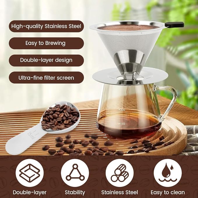 Pour Over Coffee Dripper,Upgraded Double Micro Mesh Filter With Cleaning Brush & 15g Measuring Scoop,Stainless Steel Reusable Coffee Filters Metal Cone-Filter Paperles(3-4cups)