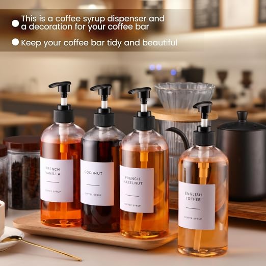 9 Pcs Coffee Syrup Dispenser Set 16.9 Oz/500 ml Plastic Coffee Syrup Dispenser Pump Bottle Pet Jar with Lids Gold Spoon and Labels for Home Bar Organization - Image 6