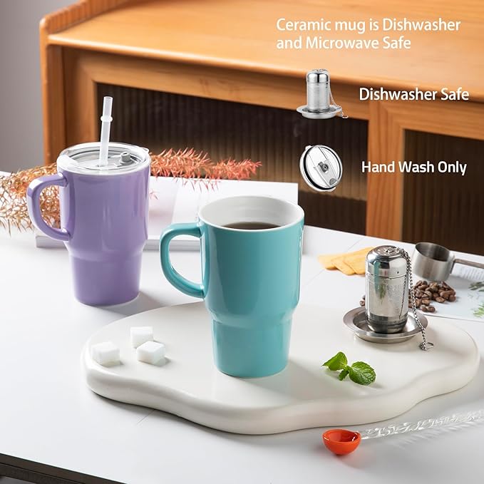 Sweejar Ceramic Tea Cup with Lid, 16 OZ Portable Coffee Mug, Dishwasher Safe Travel Mug with Infuser, Reusable Teacup for Car Cup Holder, Tea Lovers(Purple)