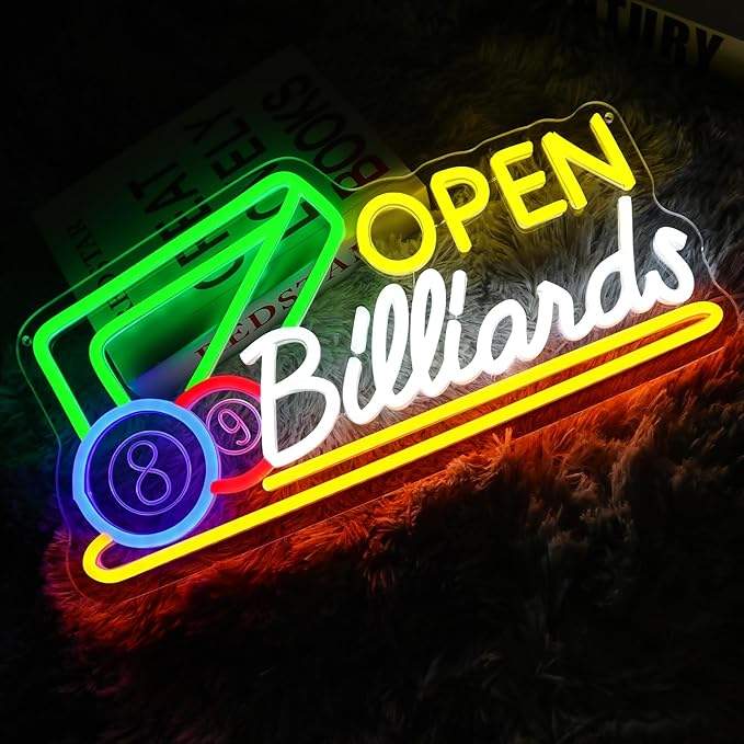 Billiards Neon Open Sign for Wall Decor Dimmable 16.54" x 8.78" Led Sign for Pool Room USB Powered Neon Light for Business Game Room Billiard Club Bar Pub Party Man Cave Decoration