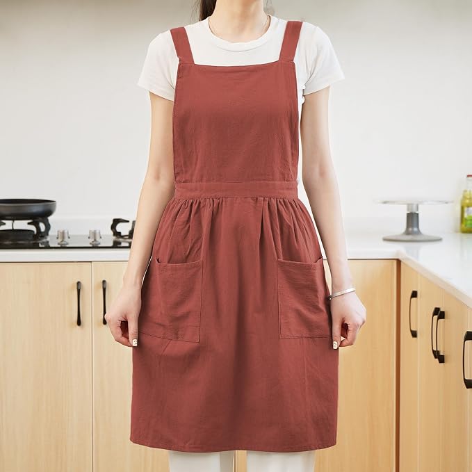 Pinknoke Cute Cotton Pinafore Aprons for Women with Pockets for Kitchen | Vintage Apron Dress,Adjustable Cross Back,2 Pockets,Long Straps,for Cooking Backing Gardening Painting Cleaning Gift Giving - Image 8