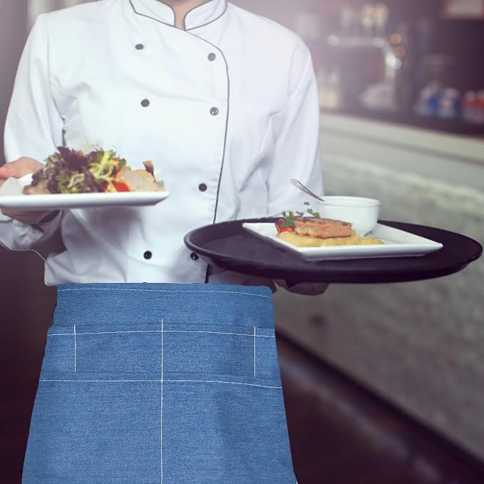 Server Apron with 5 Pockets - Rivet buckle Unisex Short/Half Waiter Waist Short Apron - Image 2