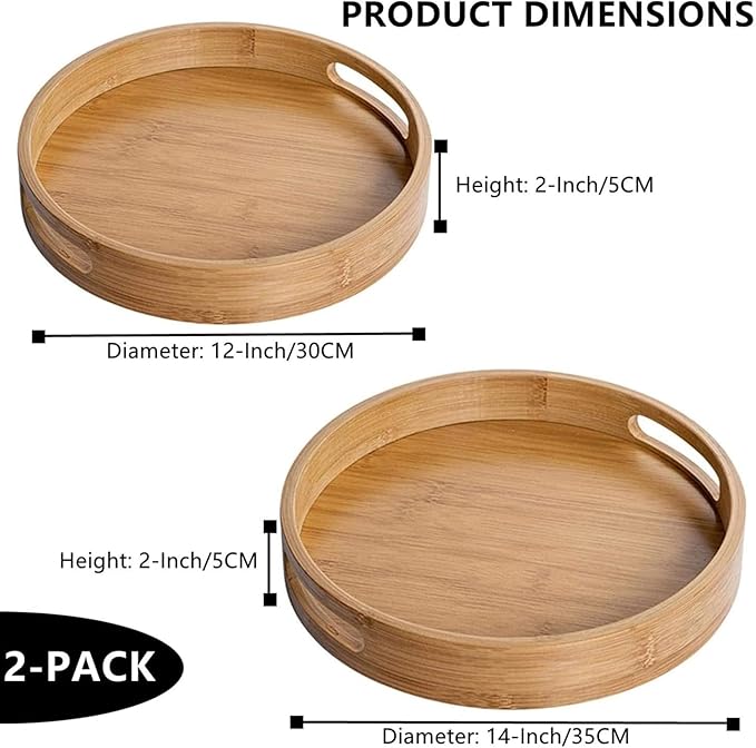 RHBLME 2 Pack Round Wood Tray - 12 Inch & 14 Inch, Handles, Decorative Ottoman Bamboo Serve Tray for Food, Cocktail, Drink