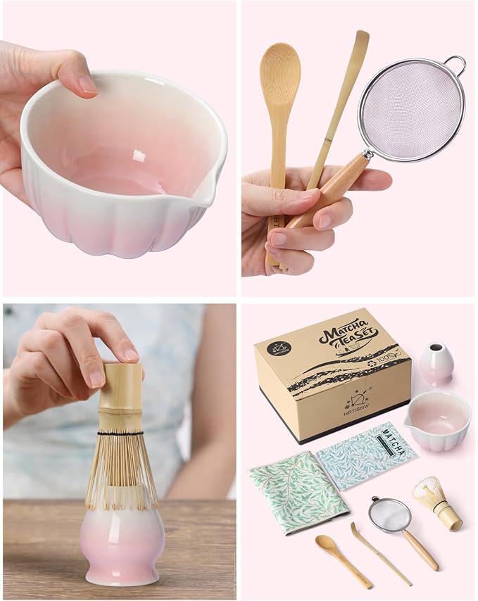 Matcha Whisk Set, 7 Pcs, Matcha Kit Includes Matcha Bowl, Matcha Whisk and Holder, Bamboo Scoop, Spoon, Sifter and Tea Towel, Matcha Set, Gift for Matcha Lovers & Beginners (Gradient Pink)