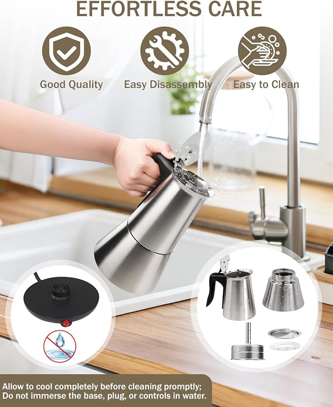 Electric Moka Pot with Detachable Base Stainless Steel Espresso Maker 10oz 6 Cup 300ml Silver Italian Coffee Maker for Kitchen Home 110V