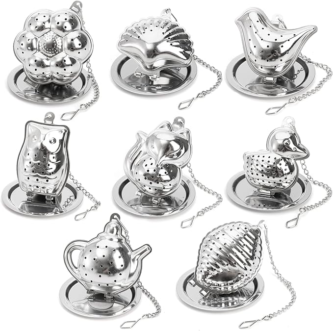 Elsjoy Set of 8 Loose Leaf Tea Infusers with Chain and 8 Drip Trays, 18/8 Stainless Steel Tea Balls Cute Tea Steepers, Mini Tea Strainer Tea Filter Set for Mugs, Tea Cups, Teapots, 16 Pcs