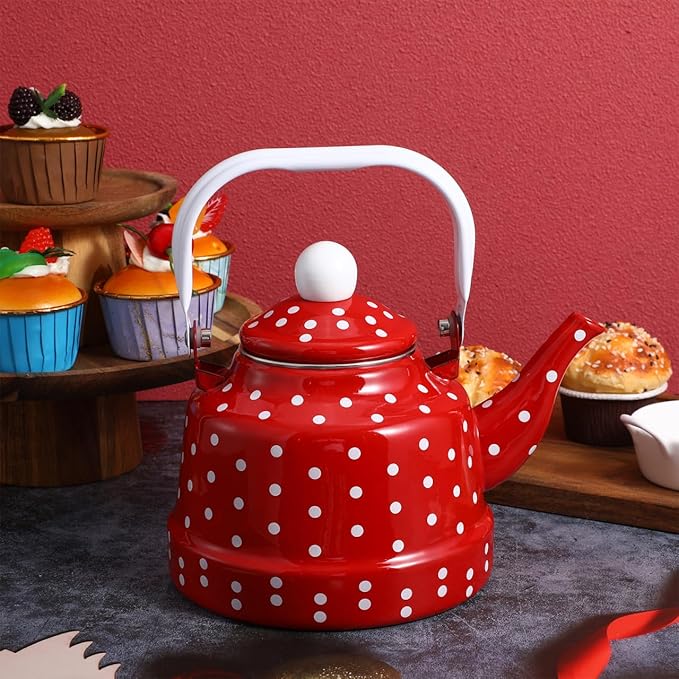1.8 Quart Vintage Tea Kettle,Enamel Tea Kettle with Handle Cute Stovetop,Enamel on Steel Water Coffee,Colorful Hot Water Kettle for Home Kitchen Decor, No Whistling
