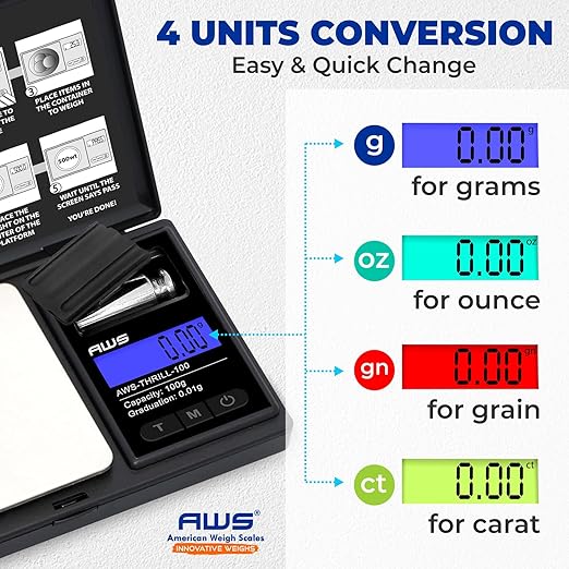 AWS-Thrill Digital Pocket Scale 100g x 0.01g – Portable Mini Gram Scale with Calibration Weight, Tweezers/Spoon, Tube & Silicone Bowl for Jewellery, Powder, Coins (100g x 0.01g)