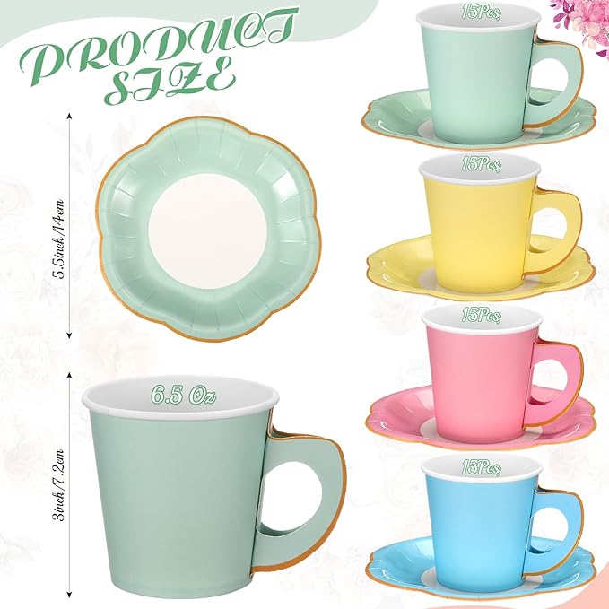 Umigy 60 Sets Pastel Tea Party Decorations Pastel Paper Tea Cups with Handle and Plates Disposable Teacups Saucers Sets with Tape for Hot Cold Drink Birthday (Blue Pink, 6.5 Oz)