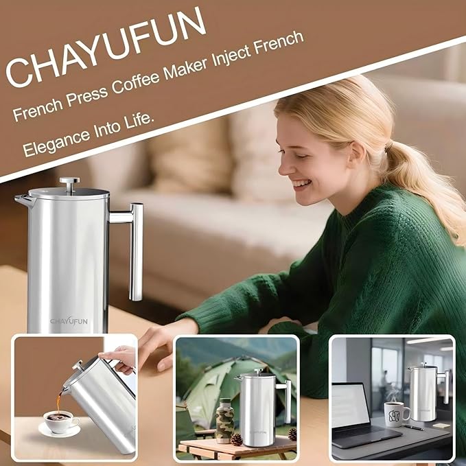 Premium Stainless Steel French Press Coffee Maker (5 Pack Filter)- 34oz/1L Thermal Insulated, 304 Rust-Proof Metal Press - Heat-Resistant Ergonomic Handle BPA Free(Dishwasher Safe)