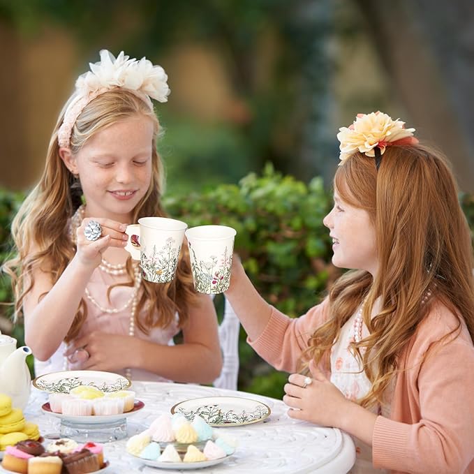 Whaline 80 Pcs Spring Floral Paper Tea Cups and Saucers 9 oz Vintage Wildflower Disposable Paper Tea Cups with Handle and Plates for Wedding Birthday Bridal Baby Shower Mother's Day Tea Party Decor