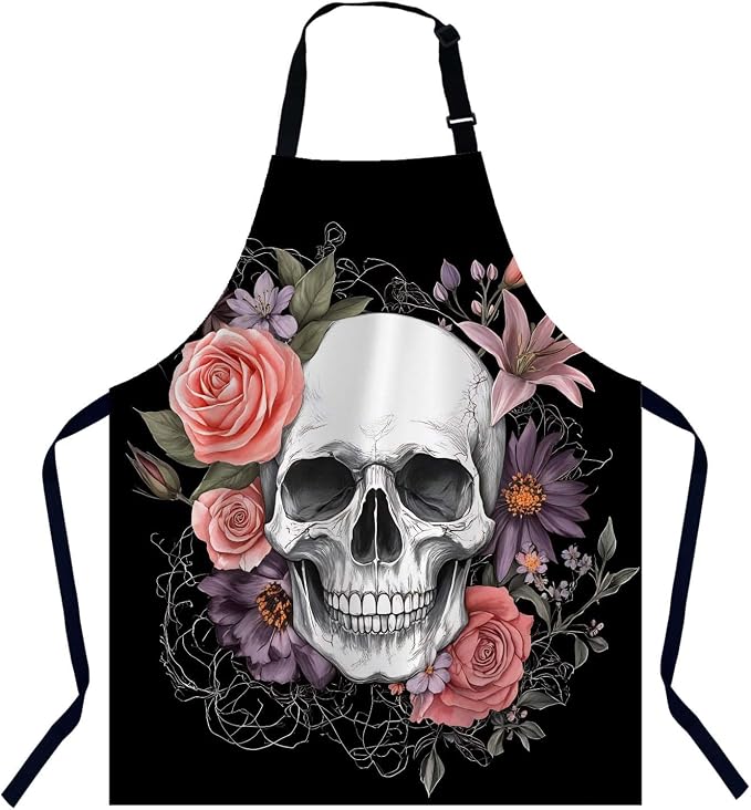 Skull Flowers Vintage Rose Floral Waterproof Apron Kitchen Chef Aprons Bibs for Grooming Cooking Baking Painting Gardening by Unknown