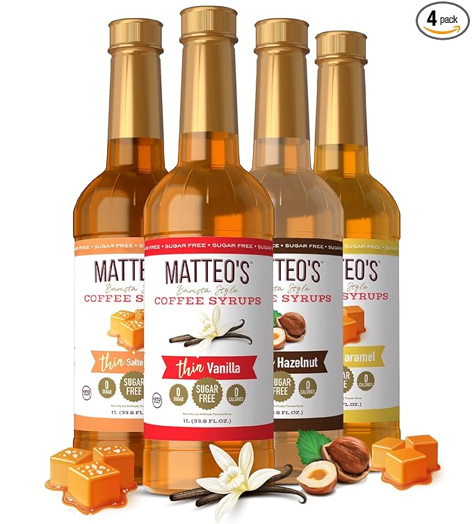 Matteo's Sugar Free Coffee Syrups - Zero Sugar Flavor Syrup, Barista Style Variety Pack of Coffee Flavoring Syrups, 0 Calorie, Keto-Friendly, Salted Caramel, Vanilla, Hazelnut, Caramel, 33.8oz, 4 Pack