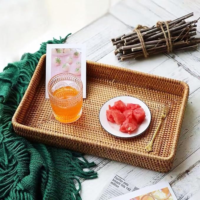 RT&BS Large Rattan Tray Rectangle, Rattan Barbecue Tray, Natural Rattan Serving Trays, Bathroom Vanity Trays, Handwoven Serving Basket for Food, Drinks, Decor in Kitchen, Restaurant, Bar, Cafés