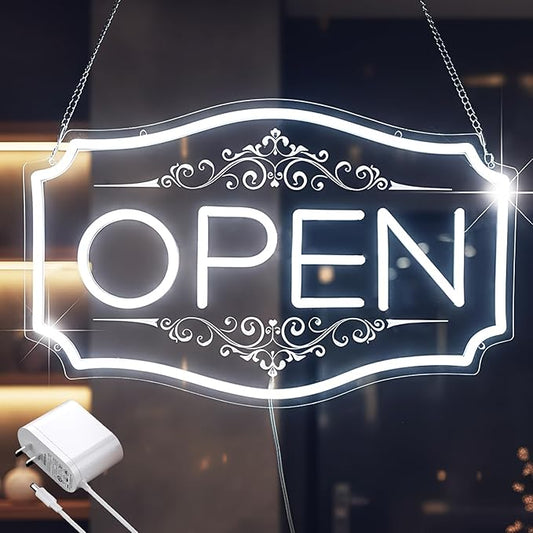 22" x 13" Open Sign for Business, LED Dimmable Neon Open Sign with 12V/2A Adapter, White, Bright LED to Light Up Storefronts, Windows & Walls