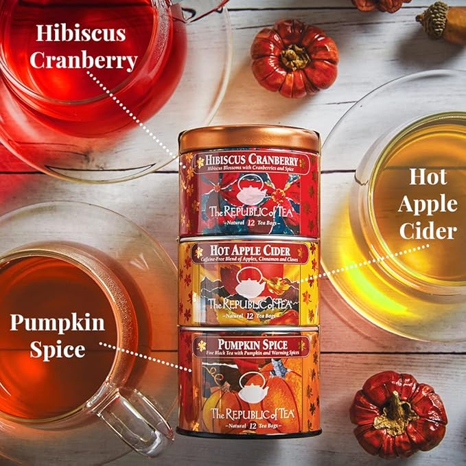 The Republic of Tea – Harvest Stackable Tea Tin, 36 Tea Bags, Hibiscus Cranberry Herb, Hot Apple Cider Herb, and Pumpkin Spice Black, Gluten Free