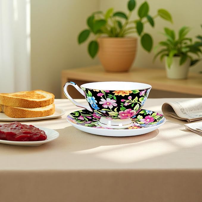 Tea cup and Saucer Set Royal Garden Style Tea Coffee Cup with Saucer 7 Ounces Bone China Teacup and saucer Set(Black)