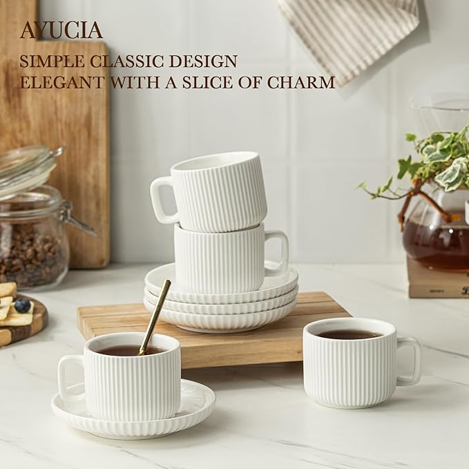 5 Ounce Espresso Cups Set of 4, Small Coffee Cups with Saucers and Spoons, White Cream Ceramic Demitasse Espresso Mugs