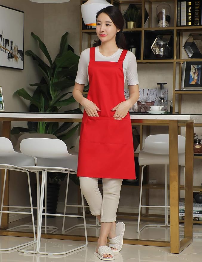 NEWGEM 100% Cotton Cross Back Apron for Women with 2 Pockets - Adjustable Button Straps Pinafore, No Neck Pain Kitchen Chef Apron for Cooking, Catering, Housewife (Red) - Image 2