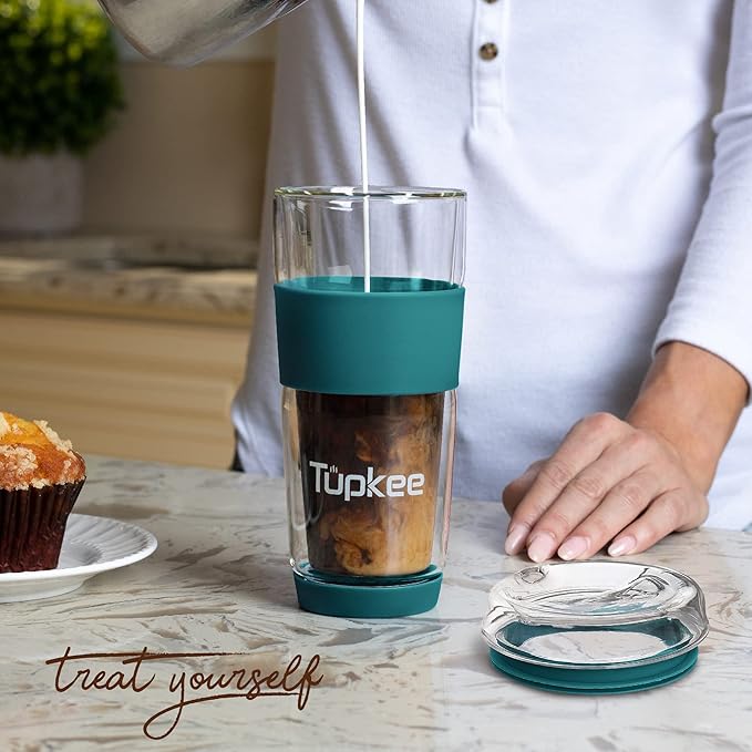 Tupkee Double Wall Glass Tumbler - 14-Ounce, All Glass Reusable Insulated Tea/Coffee Mug & Lid, Hand Blown Travel Mug - Cyan