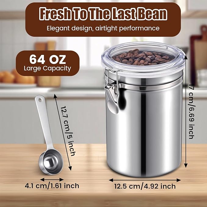 Suclain 2 Pack 64oz Stainless Steel Coffee Canister for Kitchen Airtight Coffee Bean Grounds Storage with 2 Measuring Spoons Large Metal Food Storage Canisters with Lid for Tea Cereal Sugar Flour