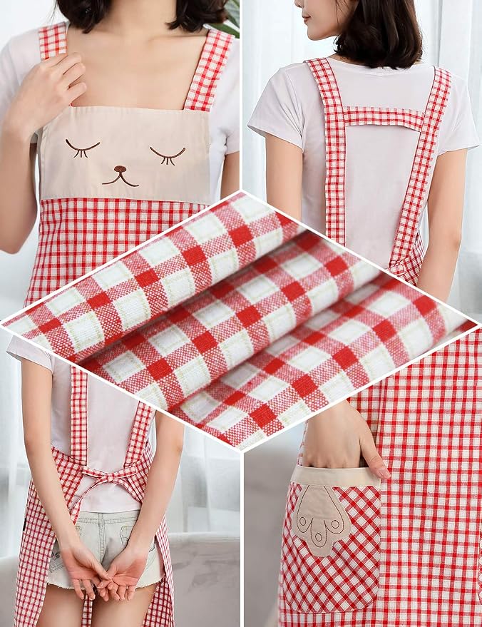 NEWGEM 100% Cotton Cute Plaid Apron with Pockets - Korean Style H-Back Cat Pinafore for Gardening, Farmhouse Kitchen (Red/White Cat) - Image 5