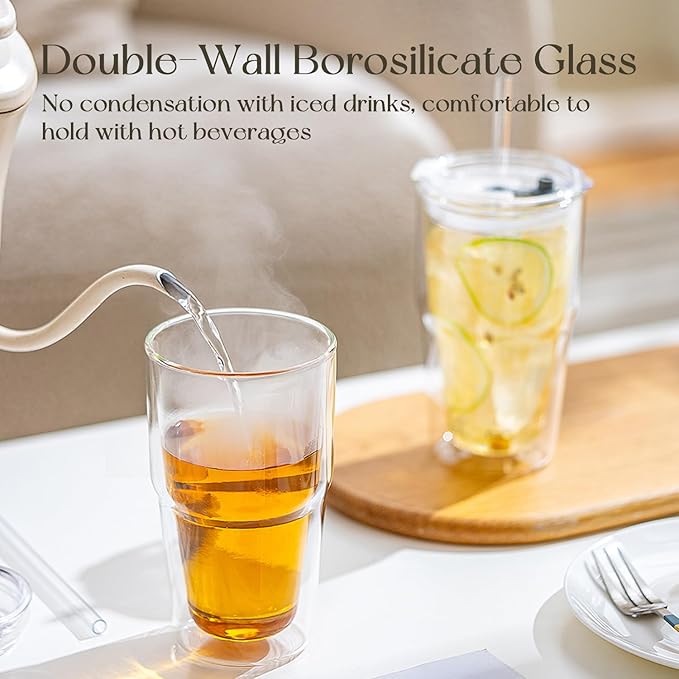 KEMORELA Set of 4 Double-Walled Glass Cups, 16 oz / 480 ml Insulated Tumblers for Iced Coffee, Latte, Matcha, Smoothies, Bubble Tea & Cold Drinks – Clear Modern Glassware, Dishwasher Safe
