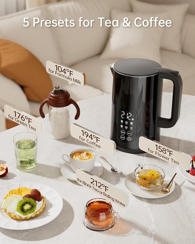 Electric Kettle with Temperature Control, 1.7L Stainless Steel Hot Water Kettle, 5 Presets, 2H Keep Warm, Fast Boil, Matte Black with Stainless Steel Coffee Filter Included