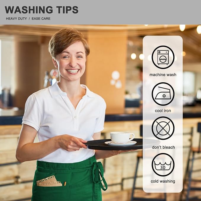 PLOYMONO 10P Green Server Apron with 3 Pockets, Short Waist Waitress Apron | Polyester Short Waiter Apron with 3 Deep Pockets, Great for Restaurant Servers, Bartenders, Hosts, Baristas - Image 7