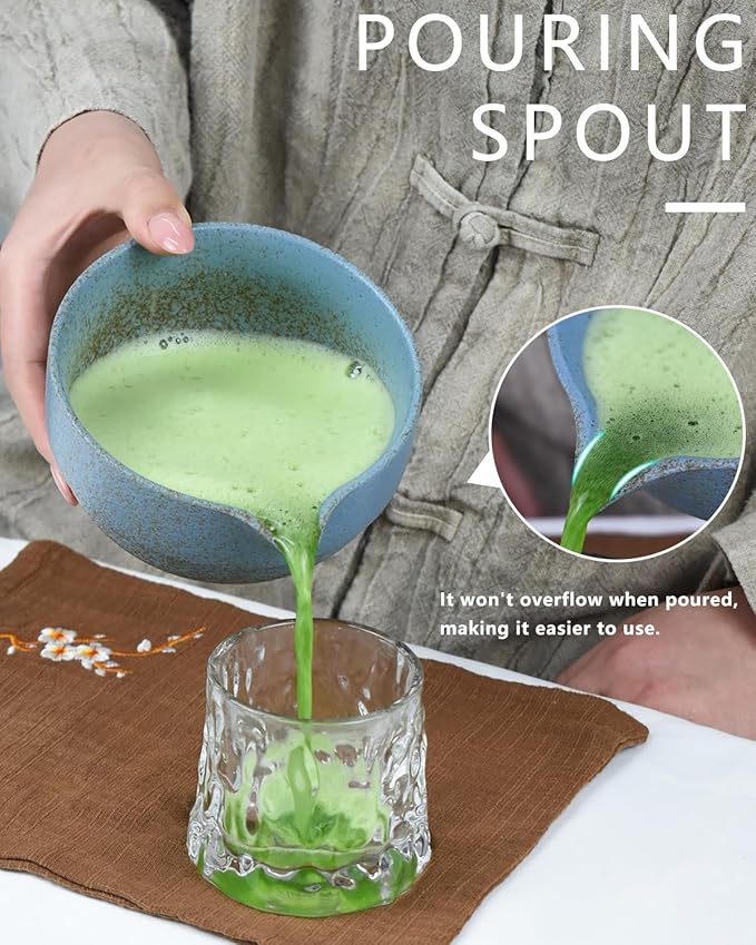 Artcome Premium Matcha Tea Set - 17oz Handcrafted Ceramic Bowl with Blue Reactive Glaze, Bamboo Whisk, Scoop, Whisk Holder & Brewing Guide - Japanese Tea Ceremony Tools for Perfect Matcha Preparation