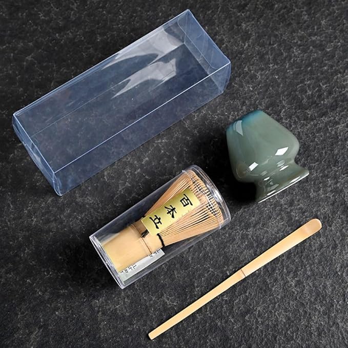Japanese Matcha Tea Set, Bamboo Whisk (Chasen) + Matcha Scoop (Chashaku)+Ceramic Whisk Holder,fit for Japanese Tea Matcha Tea,Matcha Latte Accessories (D)