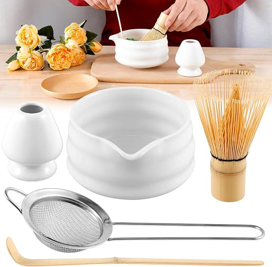 Matcha Whisk Set, 5 Pcs Matcha Set Whisk and Bowl with Spout, Matcha Whisk Holder, Matcha Spoon, Stainless Sifter, Perfect Matcha Kit for Matcha Lover (White)
